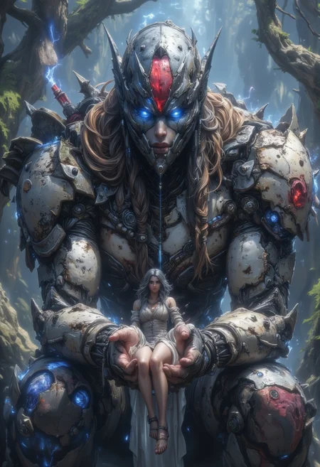 phantasie. A large robot holds a woman in its hands. The woman is so small that she sits on the robot's hand.
best quality, ultra-detailed, very aesthetic, illustration, perfect composition, intricate details, atmospheric lighting, streaks of light
Masterpiece, vibrant colors, very detailed, midjourneyv6.1, detail background, ArsMJStyle, ChiaroscuroFantasy, detailed
