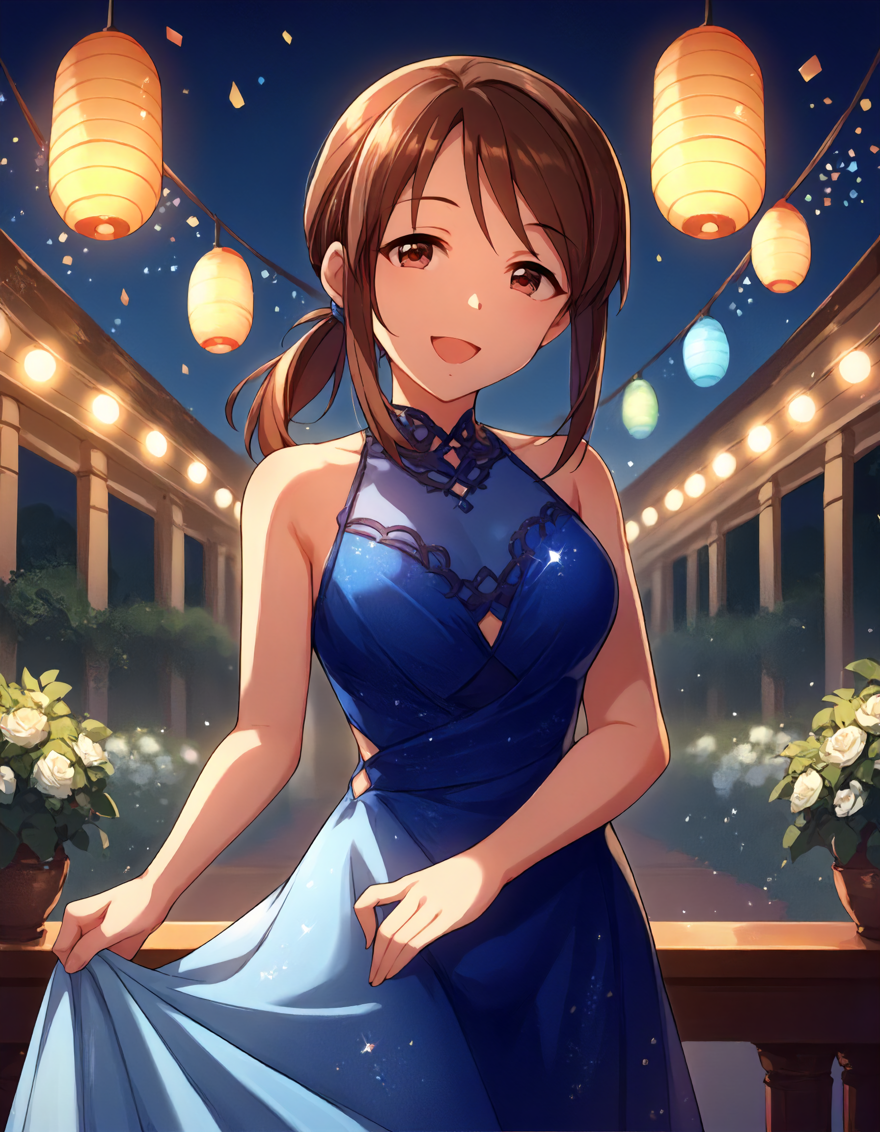 score_9,score_8_up,score_7_up,1girl,solo,cowboy shot,looking at viewer,smile,open mouth,stage lights,
<lora:mifunemiyu_ponyXLV6:0.8>,cgmfm,
brown hair,sidelocks,low ponytail,brown eyes,
blue dress