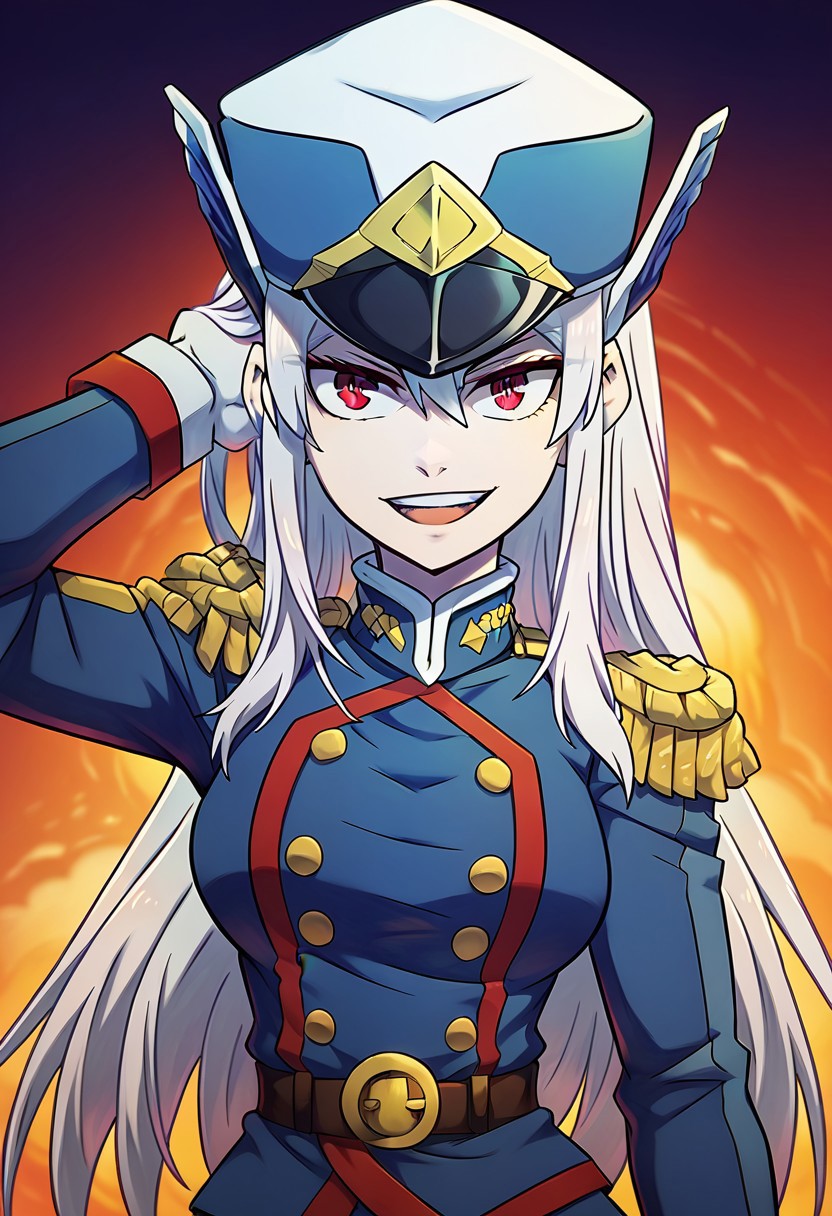 score_9_up, score_8_up, score_7_up, extreamly detailed, beautiful detailed face, complex detailed background, completely clothes, BREAK, 
KYOUKA UZEN (MATO SEIHEI NO SLAVE), KYOUKA UZEN MILITARY UNIFORM, 1girl, solo, long hair, looking at viewer, smile, open mouth, red eyes, gloves, hat, white hair, uniform, military, military uniform, epaulettes, hand in own hair, shako cap