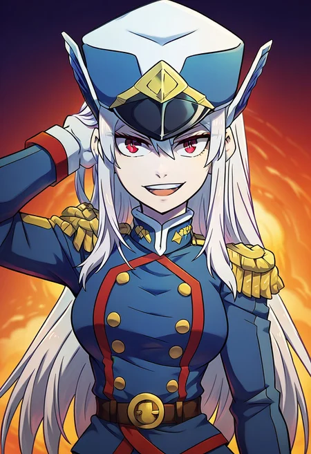 score_9_up, score_8_up, score_7_up, extreamly detailed, beautiful detailed face, complex detailed background, completely clothes, BREAK,
KYOUKA UZEN (MATO SEIHEI NO SLAVE), KYOUKA UZEN MILITARY UNIFORM, 1girl, solo, long hair, looking at viewer, smile, open mouth, red eyes, gloves, hat, white hair, uniform, military, military uniform, epaulettes, hand in own hair, shako cap