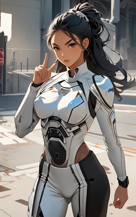 ((masterpiece, best quality)), solo, looking at viewer, amazon_woman whit black hair wearing spacesuit, long hair, "Grimace", "Bob hairstyle" hair, "Shushing with finger to lips" pose , skin tight, depth of field, light particles,
<lora:GoodHands-beta2:1>,
<lora:BrazilianWomanAmazon_V1.0:1>,
<lora:muscle_slider_v1:2>,
<lora:weight_slider_v2:-1>,
<lora:hair_length_slider_v1:1>,
<lora:spacesuitV1.0:0.7>,
<lora:wuxia2:0.6>,
<lora:Background_Detail_v3:1>,
<lora:IvoryGoldAIv2:0.7>