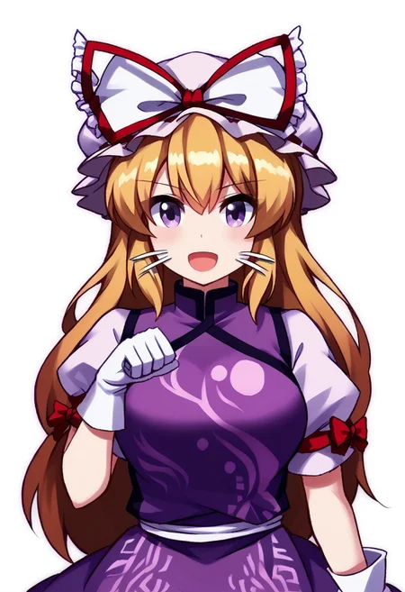 score_9, score_7_up, source_anime, masterpiece, best quality, detailed, perfect, perfection, aesthetic, absurd, detailed, MiraeSomang,
illustration showing yakumo_yukari at paw pose,
1girl, blonde_hair, long_hair, hair_bow, purple_eyes, breasts,
hat, mob_cap, dress, ribbon, white_hat, hat_ribbon, red_ribbon, bow, red_bow, purple_dress, gloves, white_gloves, tabard,
open mouth, whiskers