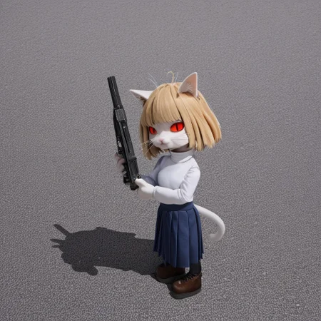 absurdres, highres, best quality, masterpiece, very aesthetic, newest, year_2024, year_2023, year_2022,source_photo,photo,realistic,cinematic,no humans,1girl, Neco Arc, blonde hair, red eyes, slit pupils, cat ears, :3, cat tail, turtleneck, white shirt, blue skirt, pleated skirt, pantyhose, brown footwear,outdoors,holding gun,sidewalk,town
