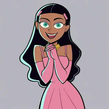 score_9, score_8_up, score_7_up, score_6_up, score_5_up, score_4_up, <lora:PaulinaDPXL:1>, paulina, 1girl, solo, long hair, smile, open mouth, hair ornament, gloves, dress, black hair, hairclip, elbow gloves, dark skin, necklace, dark-skinned female, own hands together, pink dress, own hands clasped