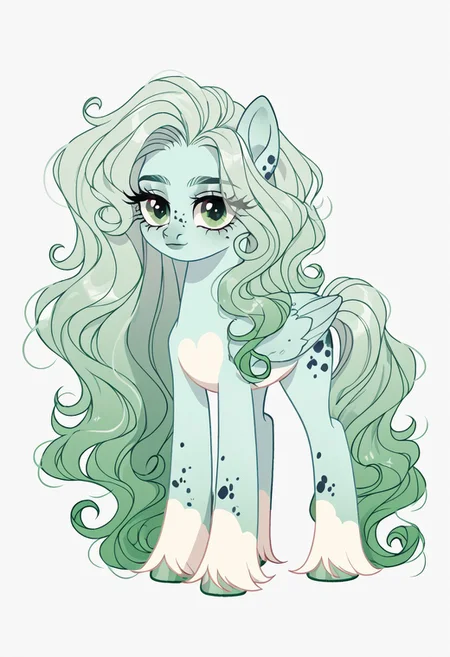 score_9, score_8_up, score_7_up, score_6_up, score_5_up, score_4_up, show accurate, full body, simple background, feral pony, female pony, charming appearance, original character, pegasus, adventurous look, star-shaped markings on sides, light blue body, cream belly, dark blue spots, emerald green eyes, flowing hair with silver strands, wavy hair, long flowing mane, medium-length tail, lavender hooves