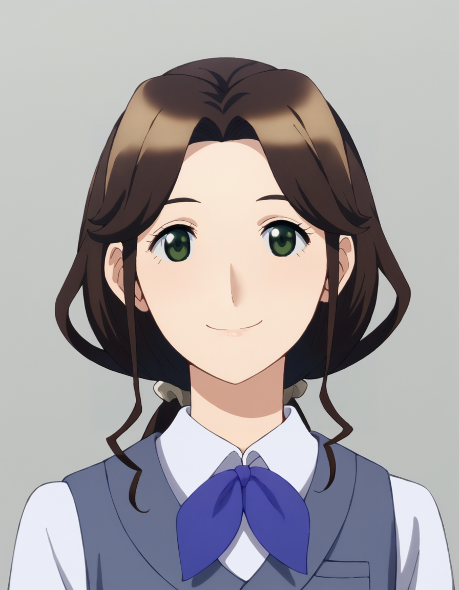 score_9, score_8_up, score_7_up, source_anime, BREAK
1girl, solo, looking at viewer, simple background, upper body, light smile, portrait,
konomi moriya, long hair, brown hair, parted bangs, sidelocks, dark green eyes,
white hair scrunchie, work uniform, white collared shirt, blue vest, blue bowtie,
<lora:konomi_moriya_anime-soralz:1>