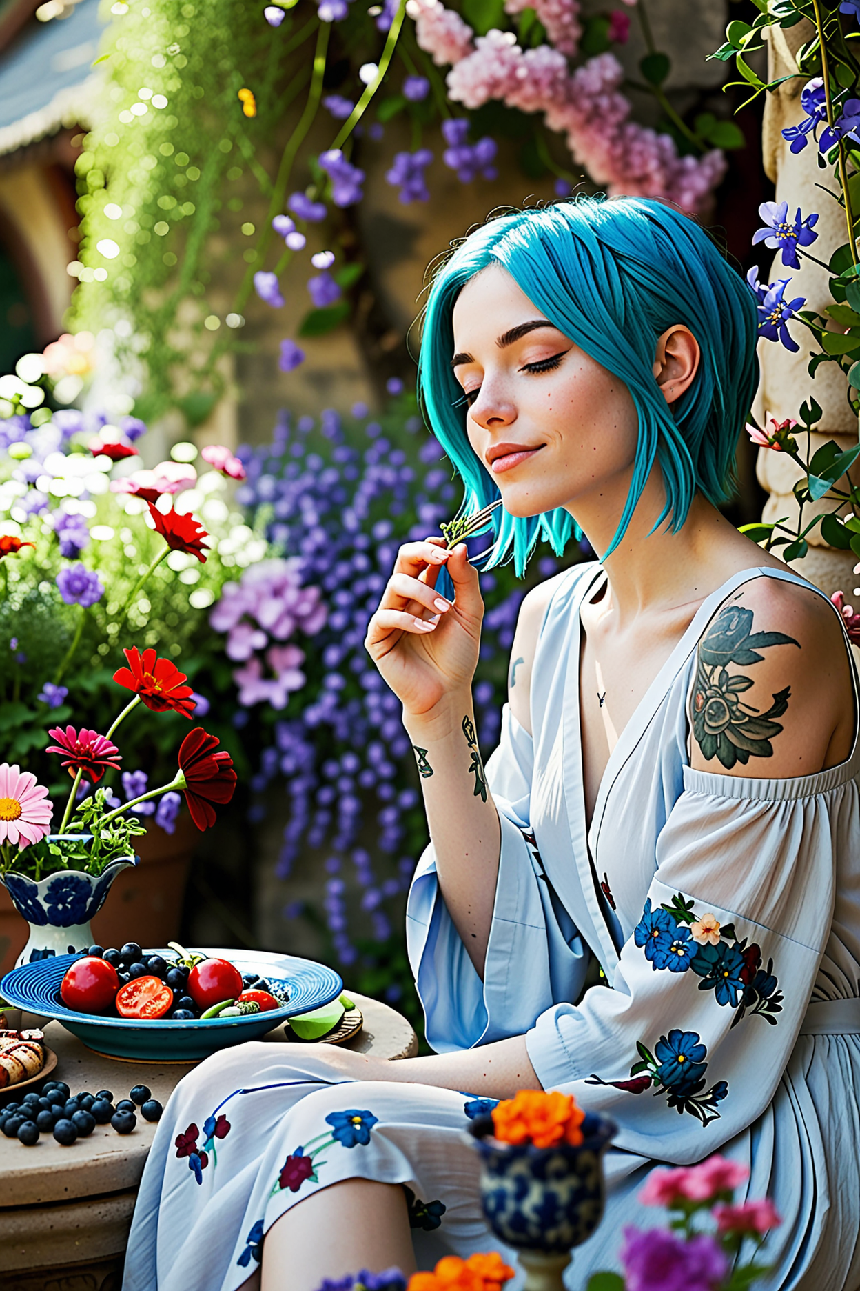 Blue haired female sits in a serene natural setting, surrounded by lush greenery and vibrant flowers, as she savors a delicious meal, her eyes closed in appreciation, a look of bliss on her face, in a masterpiece of peaceful and idyllic scenery.