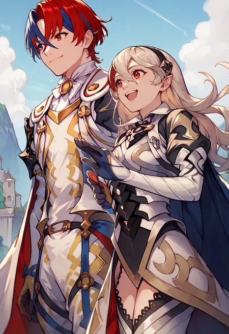 score_9, score_8_up, score_7_up, source_anime, 1boy, 1girl, cowboy shot, outdoors, sky BREAK
<lora:AlearM-pdxl:1> defAlearM, heterochromia, gloves, split-color hair, red hair, blue hair, cape, armor, smile, BREAK
<lora:corrin-pdxl-nvwls-v1:1> defCor, black hairband, armored dress, blue cape, puffy sleeves, juliet sleeves, vambraces, black gloves, armored legwear, open mouth smile