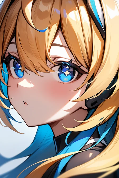 <lora:llmy>,1girl,(blonde hair:1.2),streaked hair,blue hair,blue eyes,ahoge,long hair,1girl,close-up,portrait,, masterpiece, best quality, very aesthetic, absurdres
