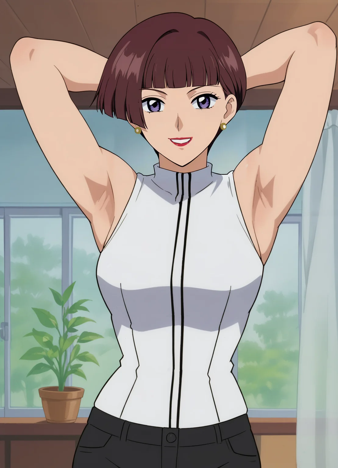 <lora:Sonomi_Daidouji-Cardcaptor_Sakura:0.75>,mm,mature female,1girl,solo,short hair,brown hair,purple eyes,bangs,lipstick,earrings,sleeveless,shirt,pants,cowboy shot,arms behind head,looking at viewer,smile,indoors
