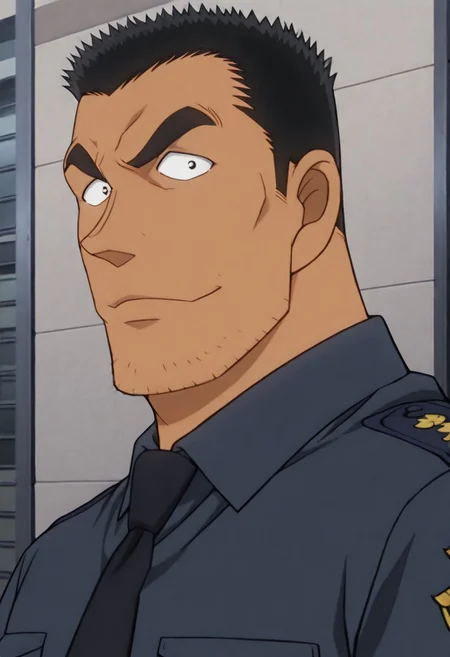 Anime, quality,high quality,masterpiece,extremely detailed,correct anatomy,best aesthetic, detailed face, (solo), 1man, mature_male, crew cut, (solid pupils:1.5, black short hair, Date Wataru ), tanned skin, puffy nipples, big taller_male, (police uniform, confident face, looking at viewer), on the city street