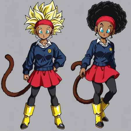 Rulah,1girl,Dark skin,afro hair,red headband,white shirt,dark blue sweater,red skirt with black lines,black leggings,yellow boots
Rulah transforming into a Super Saiyan. Spiky blonde hair, blue eyes, monkey tail.