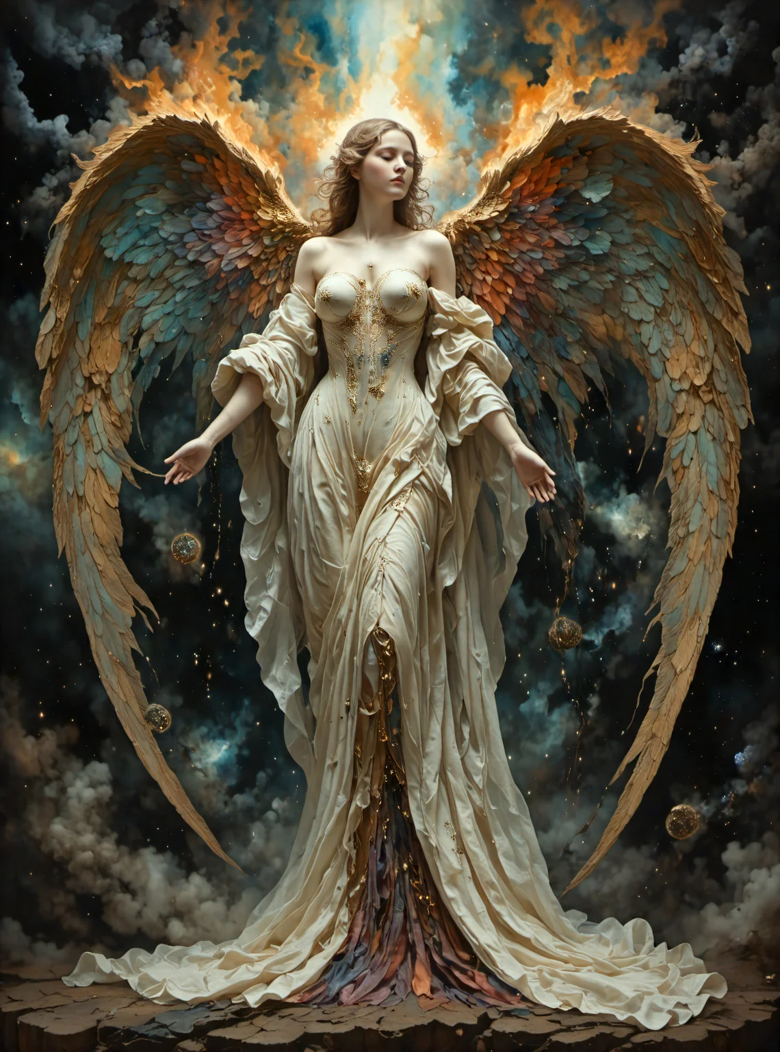 source_real,raw,photo,amateur Horror-themed I stand amazed by the visionary genius of the artist,the exacting precision of every brush stroke making the canvas come alive with awe inspiring visuals,(illustration of a beautiful angel's final breath as she succumbs to death),angelic robes soaked in blood,the artist mourns the life of a fallen goddess,the death of virtuous saint to hands of evil,the eyes plead with the viewer to release them from their pain,(((intricate background of evil spirits in the shadows))),masterpiece,. Eerie,unsettling,dark,spooky,suspenseful,grim,highly detailed,glow effects,godrays,Hand drawn,render,8k,octane render,cinema 4d,blender,dark,atmospheric 4k ultra detailed,cinematic,Sharp focus,big depth of field,Masterpiece,colors,3d octane render,4k,concept art,trending on artstation,hyperrealistic,Vivid colors,extremely detailed CG unity 8k wallpaper,trending on CGSociety,Intricate,High Detail,dramatic . Eerie,unsettling,dark,spooky,suspenseful,grim,highly detailed,