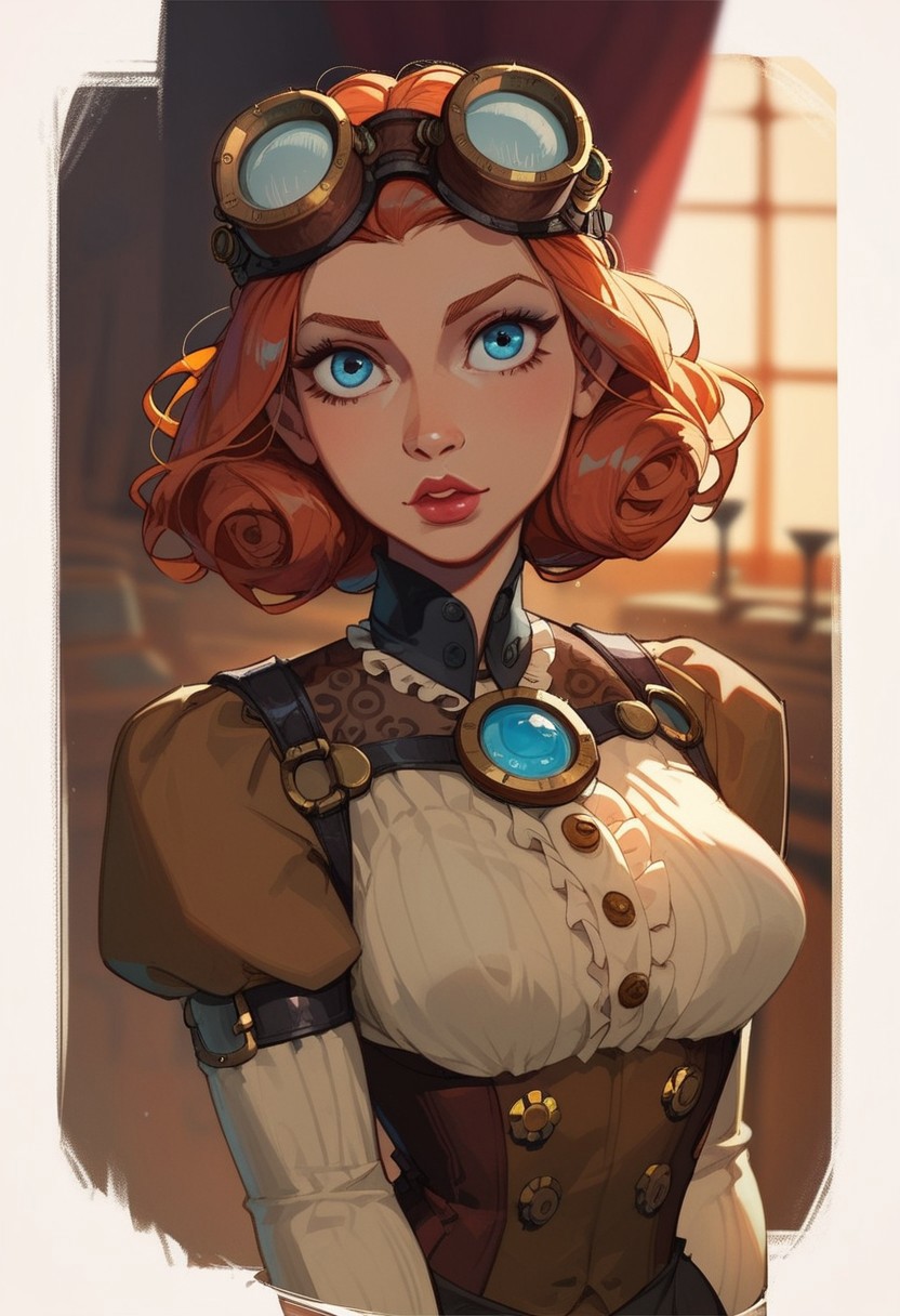 score_9, score_8_up,  score_9, score_8_up,     1woman, Steampunk engineer, (revealing outfit:0.7), thin waist, narrow shoulders, , goggles on top of head,  simple shadows, flat coloring, flat shadows, thick lines, white outline,