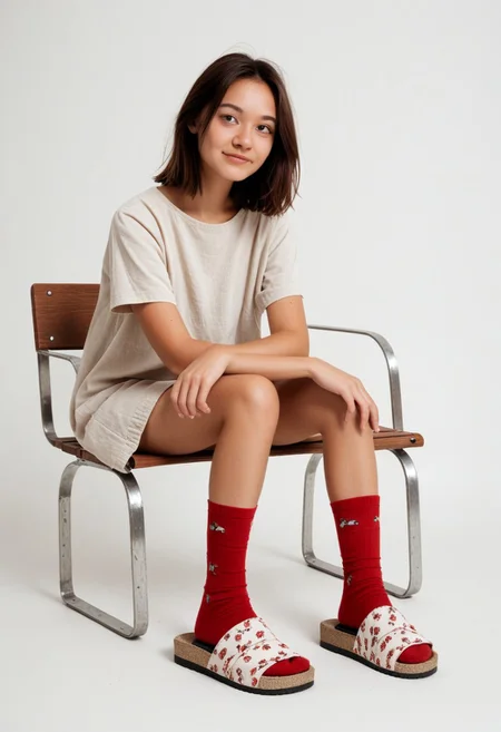 ((scksnsndls)), 1girl, solo, simple_background, white_background, sitting, red_socks, full_body, casual_clothes, slides