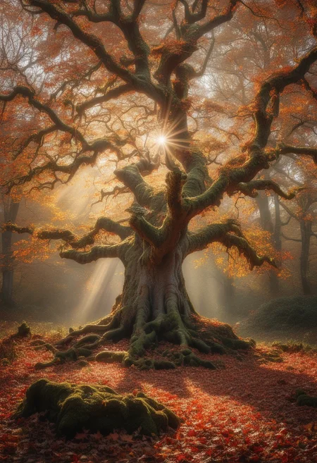 A cinematic aerial shot of an ancient oak tree standing alone in the center of a vast forest, its gnarled branches twisting into the autumn sky. The tree’s leaves are a dazzling mix of gold, fiery red, and deep orange, shimmering in the soft, golden hour light. The forest floor is carpeted with fallen leaves, rich in earthy tones, while a faint mist drifts between the trees. Surrounding the oak, mushrooms and moss-covered roots create an enchanted, otherworldly atmosphere. Sunbeams break through the canopy, casting ethereal light beams that highlight the timeless beauty of this autumn scene, with a slight breeze causing the leaves to flutter in slow motion. The scene feels both ancient and alive, as though the oak is a guardian of the changing seasons.