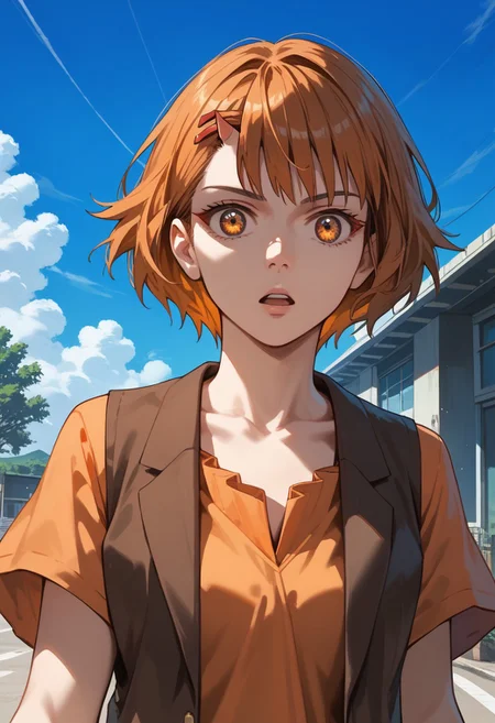 score_9,score_8_up,score_7_up,source_anime, Androssi Zahard,1girl,solo,looking at viewer,open mouth,shirt,hair ornament,collarbone,upper body,short sleeves,outdoors,parted lips,sky,day,hairclip,cloud,vest,blue sky,parody,meme,orange shirt,orange vest,