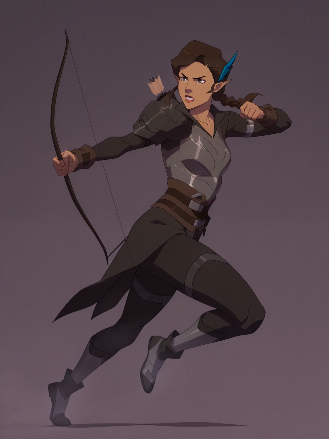 <lora:VexIL:1> ve_x, 1girl, half-elf, elf ears, brown hair, braid hair, brown eyes, blue feather in hair,
shooting in long bow arrow, steel armor,glowing liens, action, full body, glowing background,