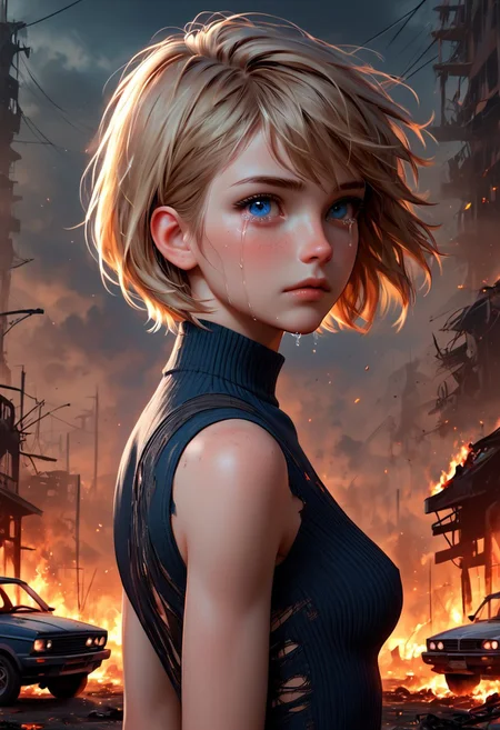 1girl, Masterpiece, 4k, ultra high detail, score_9, score_8_up, score_8, 18yo, petite, medium breast, short blonde hair, fcNeg, stunning blue eyes, freckles, white skin, small nose, innocent beauty, slim face, skinny petite body,
Torn sport clothes
Dark sky, burning sky, nighttime, night,
Fear in her eyes, crying,
Sideview, Apocalyptic scene, burning skyscraper, burning city, derstroyed cars, a huge asteroid swarm in the sky,
Many asteroids in the sky,
End of the World,
negative_hand, NightScapes,