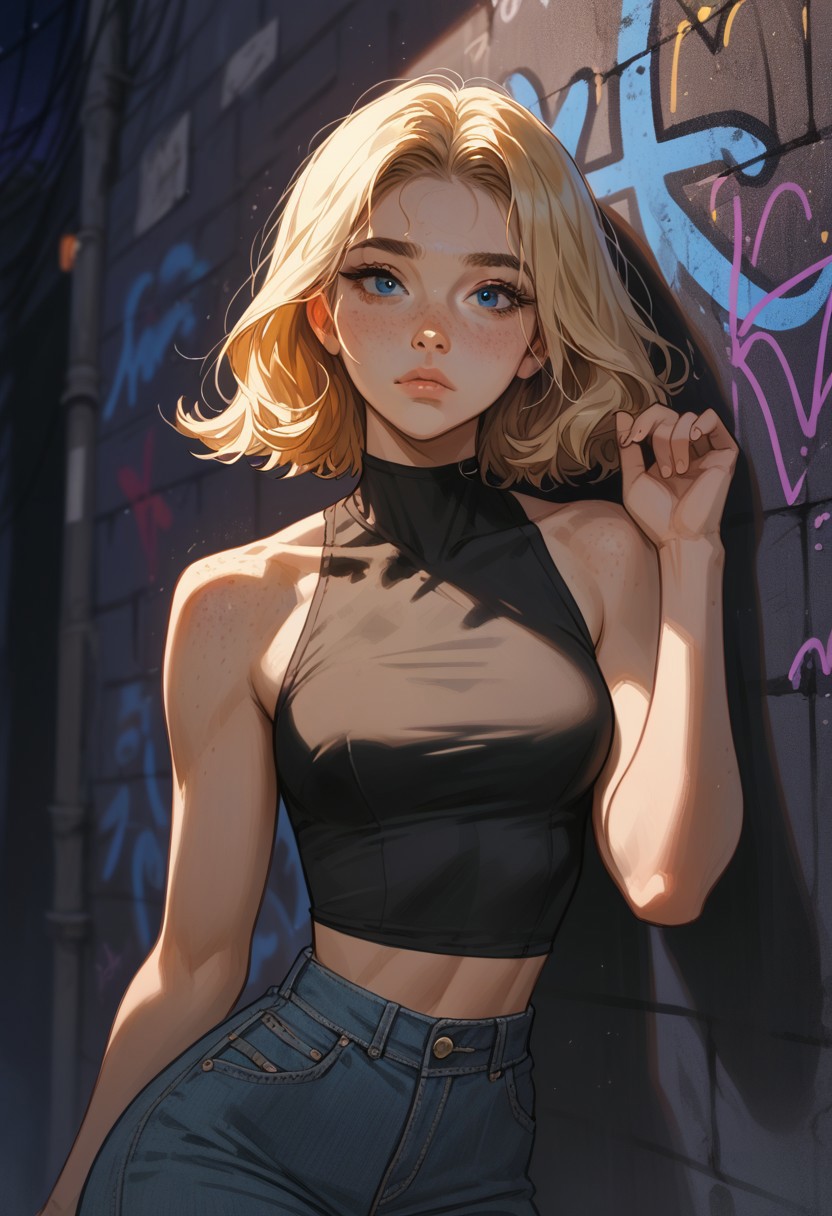 score_9, score_8_up, score_7_up, score_6_up, score_5_up, score_4_up, (masterpiece, best quality, high quality, highres, ultra-detailed), 1girl, solo, portrait, freckles, middle part blonde hair, blue eyes, medium hair, fake eyelashes, blue eyeliner, black crop top, bare shoulders, medium breasts, wide hips, cute, looking at viewer, horny, body freckles, pose, leaning back, leaning against wall, night time, dark outside, moonlight, graffiti on wall, soft focus, low lighting, moody lighting,