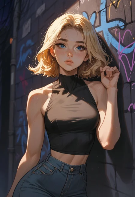 score_9, score_8_up, score_7_up, score_6_up, score_5_up, score_4_up, (masterpiece, best quality, high quality, highres, ultra-detailed), 1girl, solo, portrait, freckles, middle part blonde hair, blue eyes, medium hair, fake eyelashes, blue eyeliner, black crop top, bare shoulders, medium breasts, wide hips, cute, looking at viewer, horny, body freckles, pose, leaning back, leaning against wall, night time, dark outside, moonlight, graffiti on wall, soft focus, low lighting, moody lighting,