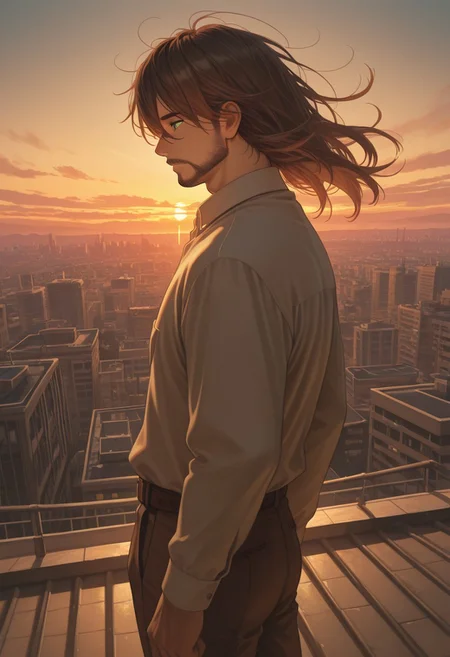1boy, mbti_infp, mature man, long brown hair, green eyes, standing on rooftop, looking at sunset, city skyline, golden hour, wind, pensive, calm, aesthetic, epic view, highres, masterpiece, best quality
