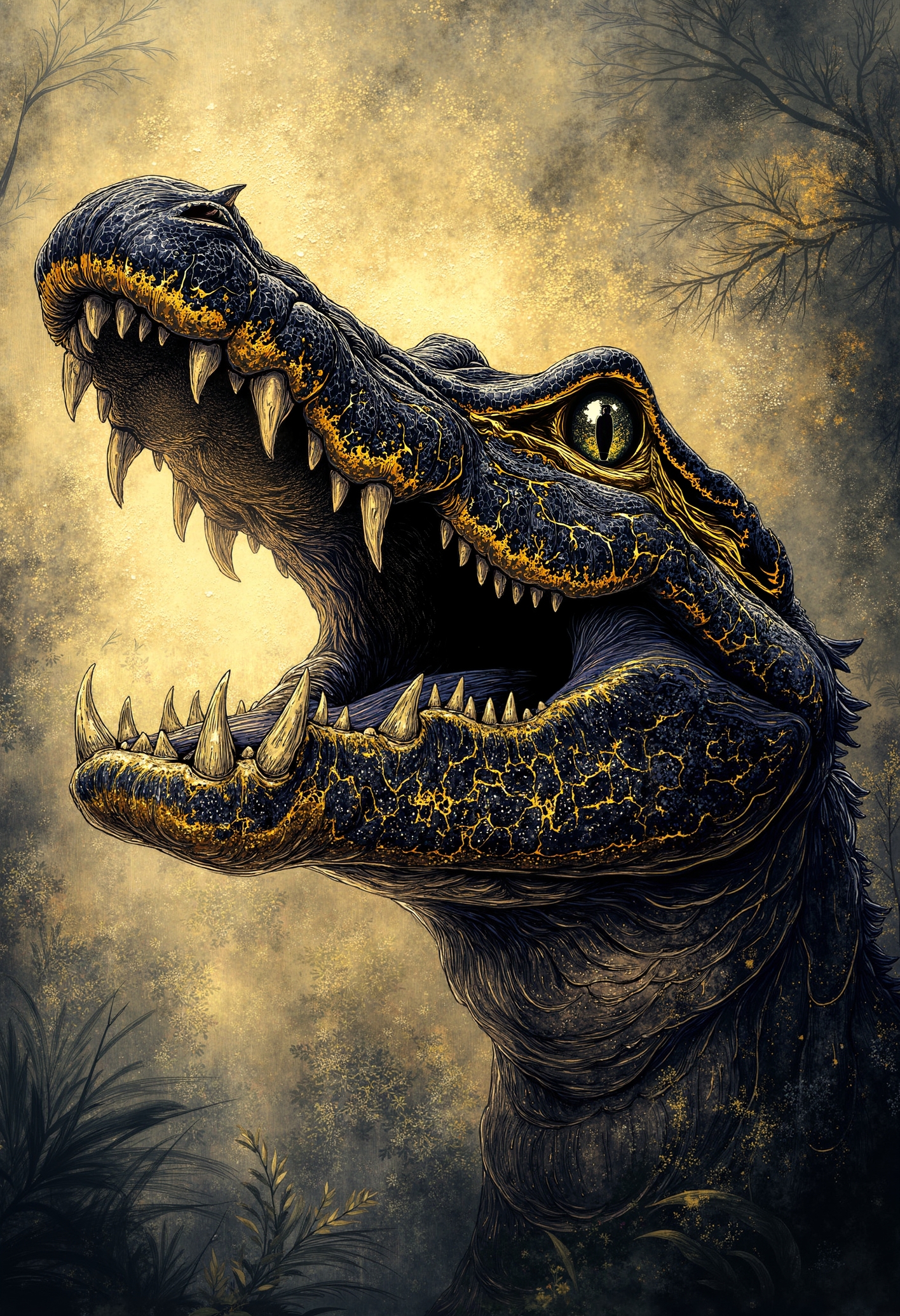 pst006, An Alligator is yelling at you in the jungle, in jungle, dynamic, hearthstone style,