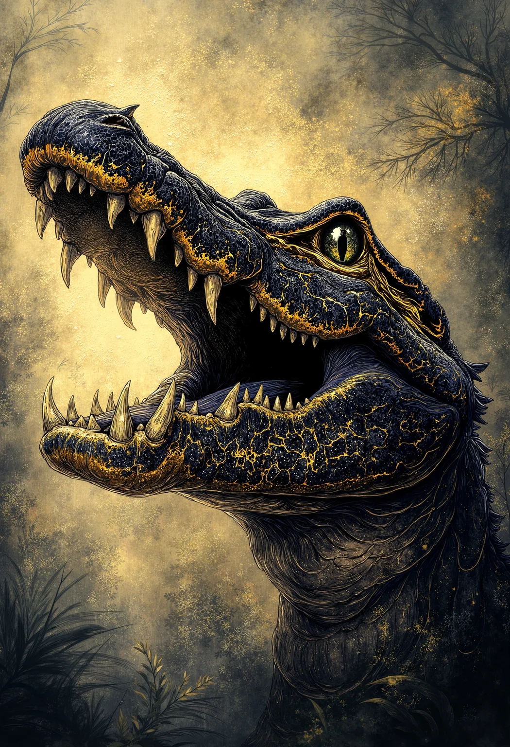pst006, An Alligator is yelling at you in the jungle, in jungle, dynamic, hearthstone style,