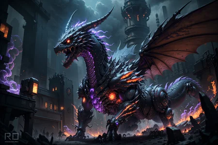 (robotic black and red dragon),(masterpiece, Extremely detailed, 8k, photorealistic,UHD,best quality, highres:1.3),robort,(photorealistic:1.2)(dept of field:1.2),dof, absurdres, (realistic:1.5),fine detail, HDR,  perfect illumination, distinct, , (open mouth),(cybernetic body),(fangs:1.2),(post-apocalyptic lanscape:1.2), wings, (claws),cyberpunk,electronic part,(breathing purple_fire:1.3),detailed eyes,
film grainy, insane details, intricate details, hyperdetailed, unreal engine, trend on artstation,highly detailed,science-fiction,futurist,
(mechanical),close up,
<lora:Dragons v1:0.3>,<lora:FINAL  Robort:0.2>