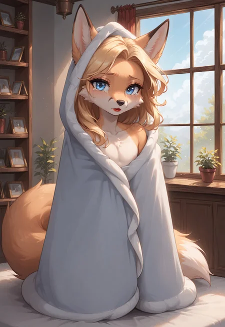 safe_pos, safe_pos, safe_pos, masterpiece, score_9_up, score_8_up, score_7_up, score_6_up, source_furry, (best quality:1.1), ultra-detailed, high resolution, highly detailed macro illustration, solo BREAK 1boy, girly, anthro fox, Femboy, (beautiful blue eyes), Long eyelashes, Blonde long hair, black nose, red lipstick, slim, Fox tail, Thick thighs, (sad expression, cute face:1.1), looking at viewer, crying, tears, depression, holding one's head BREAK (blanket, under covers:0.9), in the room, bedroom, on the bed, pillows, cozy. window, dark overcast sky, lonely atmosphere BREAK Highly Visible, sharp focus, perfect lighting, anatomically correct, extremely detailed, high detail, Expressiveh, OverallDetail, zPDXL3