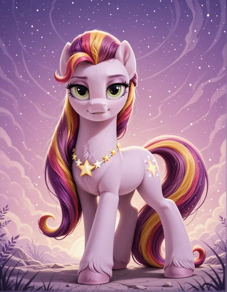 resolution, masterpiece, high resolution, (SOLO: 1.2), wild, detailed background,
,,solo plain background, , solo,, FIGHTING STANCE, , LOOK AT THE VIEWER, ABSTRACT BACKGROUND,
<lora:Velvet_Starscout-000009:1>Velvet Starscout, earth pony, body soft lavender, mane and tail multi-colored, with smooth transitions from red to yellow and then to purple, mane lush and falling to one side, On the neck is a thin necklace of pearl,