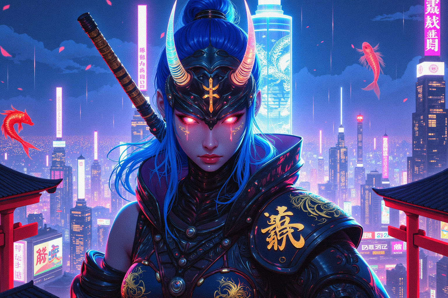 A **breathtaking cyberpunk kunoichi** stands **directly facing the camera**, her entire **body and face perfectly aligned toward the viewer** with **absolute confidence and power**. Her **striking, glowing white eyes** radiate an intense, almost hypnotic energy, reflecting the neon skyline behind her. She has **flawless, otherworldly beauty**, framed by sleek, **electric-blue hair**, styled into a high ponytail with subtle strands illuminated by glowing cybernetic threads.  

wearing A **large, highly detailed hannya mask** The mask flickers between **solid form and digital transparency**, revealing a **menacing demonic visage** encoded in neon-red energy. Its **sharp, curved horns pulse faintly**, charged with hidden power.  

She wears a **high-tech, form-fitting bodysuit**, seamlessly fusing **traditional Japanese elements with advanced cybernetics**. The **fabric, textured like woven silk**, is enhanced with **nanofiber plating**, shimmering softly with **golden kanji symbols** that dynamically shift between **protective spells and encrypted data streams**. A sleek **cybernetic samurai shoulder guard**, adorned with intricate glowing circuits, gleams under the city lights. Her **left arm is entirely cybernetic**, constructed from a **polished obsidian-black alloy**, its surface engraved with **luminous, animated dragon tattoos** that **flow and move like living energy**.  

She stands **strong and unwavering**, her **legs firmly planted**, shoulders squared, **her entire stance directly aligned with the viewer** as if confronting them with silent authority. Her **cybernetic fingers rest near her weapons**, ready for battle, exuding an aura of **mystery and unstoppable power**.  

Behind her, the **massive neon cityscape of Neo-Tokyo** stretches infinitely, bathed in a sea of **vibrant blues, purples, and deep magentas**. Towering **red torii gates**, repurposed as **holographic digital shrines**, pulsate with soft crimson light. Gigantic **holographic koi fish** glide gracefully through the air, weaving between cascading **data streams projected from towering megastructures**.  

A **gentle rain falls**, each drop catching the neon glow before vanishing into the rain-slicked rooftop. **Bioluminescent cherry blossom petals** drift through the air, glowing softly as they pass through floating advertisements and neon billboards. The **city’s lights reflect off her armor**, creating a mesmerizing glow that enhances her **cybernetic presence**.  

This is the face of a **legendary cyberpunk warrior**—a **modern-day kunoichi**, standing **face-to-face with the future**, locking eyes with destiny itself.  

A stunning fusion of **traditional Japanese elegance and cyberpunk futurism**, captured in **ultra-detailed, hyper-realistic 8K resolution**. **Cinematic lighting, neon-drenched atmosphere, breathtaking visuals, infused with deep Japanese cyberpunk lore.**  


Art in the style of Yomu_Yakadashi.

EpicGorgeousDetails, cinna flow, 8k detailed neon themed digital illustration style, 8uartz4r4