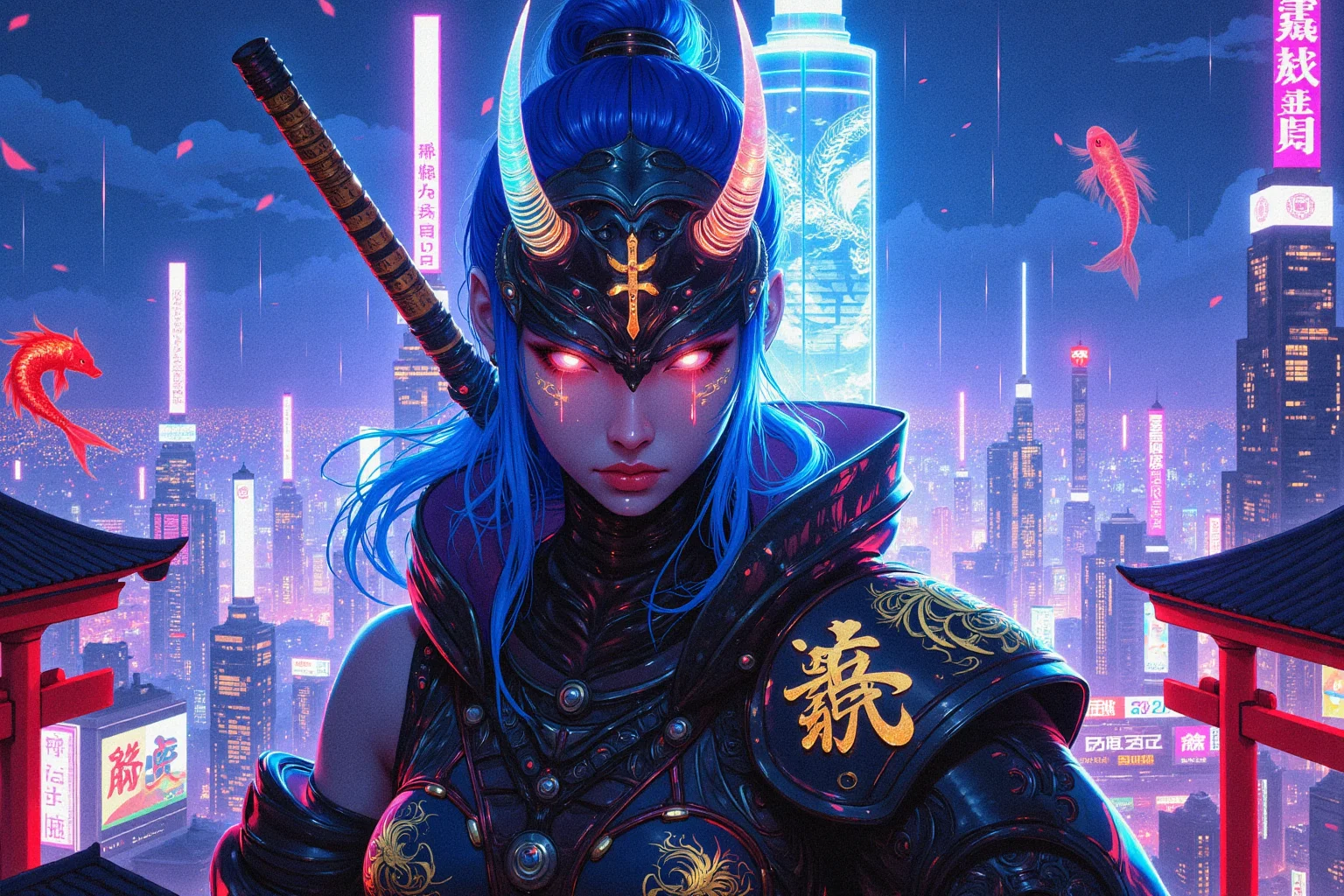 A **breathtaking cyberpunk kunoichi** stands **directly facing the camera**, her entire **body and face perfectly aligned toward the viewer** with **absolute confidence and power**. Her **striking, glowing white eyes** radiate an intense, almost hypnotic energy, reflecting the neon skyline behind her. She has **flawless, otherworldly beauty**, framed by sleek, **electric-blue hair**, styled into a high ponytail with subtle strands illuminated by glowing cybernetic threads.  

wearing A **large, highly detailed hannya mask** The mask flickers between **solid form and digital transparency**, revealing a **menacing demonic visage** encoded in neon-red energy. Its **sharp, curved horns pulse faintly**, charged with hidden power.  

She wears a **high-tech, form-fitting bodysuit**, seamlessly fusing **traditional Japanese elements with advanced cybernetics**. The **fabric, textured like woven silk**, is enhanced with **nanofiber plating**, shimmering softly with **golden kanji symbols** that dynamically shift between **protective spells and encrypted data streams**. A sleek **cybernetic samurai shoulder guard**, adorned with intricate glowing circuits, gleams under the city lights. Her **left arm is entirely cybernetic**, constructed from a **polished obsidian-black alloy**, its surface engraved with **luminous, animated dragon tattoos** that **flow and move like living energy**.  

She stands **strong and unwavering**, her **legs firmly planted**, shoulders squared, **her entire stance directly aligned with the viewer** as if confronting them with silent authority. Her **cybernetic fingers rest near her weapons**, ready for battle, exuding an aura of **mystery and unstoppable power**.  

Behind her, the **massive neon cityscape of Neo-Tokyo** stretches infinitely, bathed in a sea of **vibrant blues, purples, and deep magentas**. Towering **red torii gates**, repurposed as **holographic digital shrines**, pulsate with soft crimson light. Gigantic **holographic koi fish** glide gracefully through the air, weaving between cascading **data streams projected from towering megastructures**.  

A **gentle rain falls**, each drop catching the neon glow before vanishing into the rain-slicked rooftop. **Bioluminescent cherry blossom petals** drift through the air, glowing softly as they pass through floating advertisements and neon billboards. The **city’s lights reflect off her armor**, creating a mesmerizing glow that enhances her **cybernetic presence**.  

This is the face of a **legendary cyberpunk warrior**—a **modern-day kunoichi**, standing **face-to-face with the future**, locking eyes with destiny itself.  

A stunning fusion of **traditional Japanese elegance and cyberpunk futurism**, captured in **ultra-detailed, hyper-realistic 8K resolution**. **Cinematic lighting, neon-drenched atmosphere, breathtaking visuals, infused with deep Japanese cyberpunk lore.**  


Art in the style of Yomu_Yakadashi.

EpicGorgeousDetails, cinna flow, 8k detailed neon themed digital illustration style, 8uartz4r4