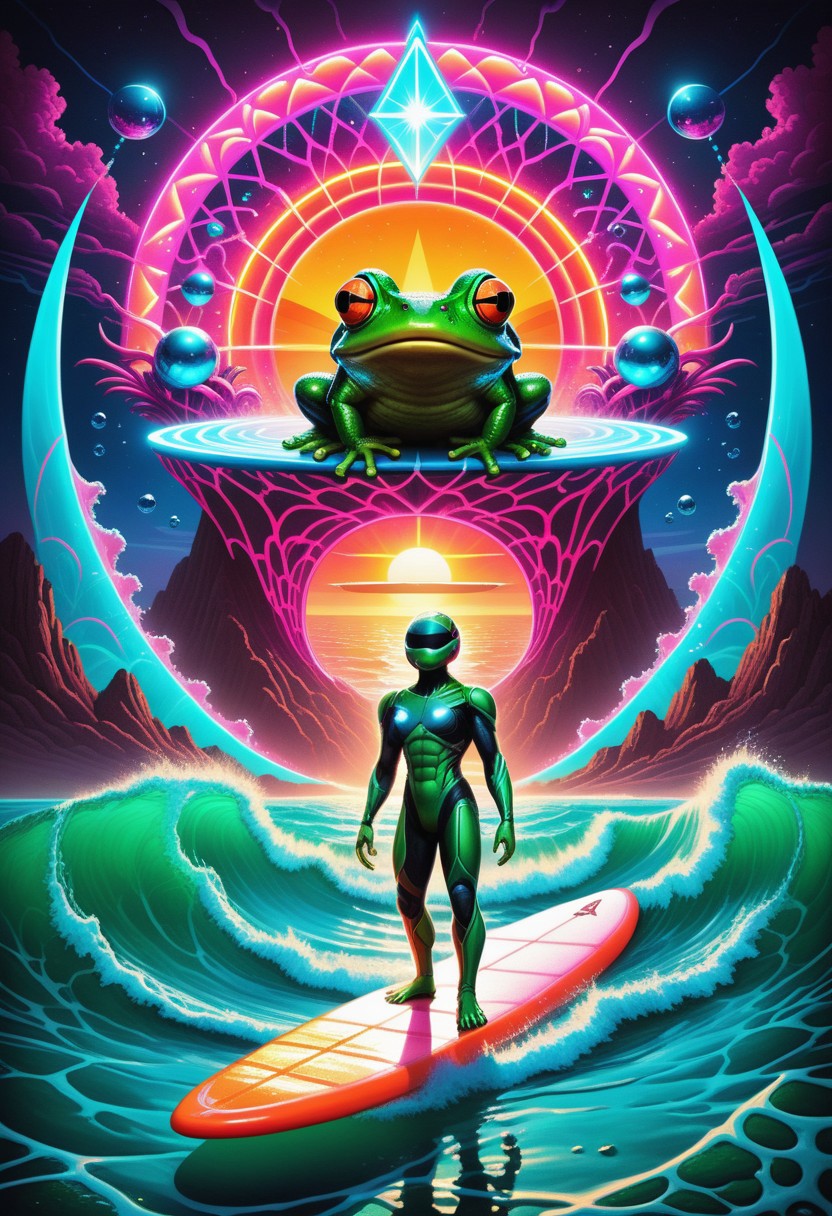 A surreal scene featuring a Quantum-Pickle Frogsurfer, a humanoid frog with slick, green, semi-translucent skin resembling pickles, balancing effortlessly on a glowing quantum energy surfboard. The surfboard emits trails of neon pink and cyan light, warping space-time around it with rippling, kaleidoscopic effects. The frog wears retro-futuristic shades, a neon headband, and a billowing vaporwave-patterned cape. The background is a swirling ocean of liquid rainbows, punctuated by floating geometric shapes and glowing pyramids. Above, a gridline sunset in vibrant magentas and oranges radiates retro-futuristic vibes. The atmosphere is absurd and dreamlike, with bright, high-contrast colors and a playful, surreal tone. Style is vivid vaporwave surrealism, blending clean geometric lines with organic absurdity.