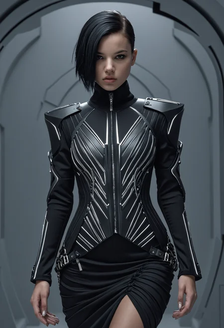 Techwear fashion Charlie Bowater princess,a young woman,1girl,<lora:Alexander McQueen-art deco:1>,Alexander McQueen art deco, . Futuristic, cyberpunk, urban, tactical, sleek, dark, highly detailed