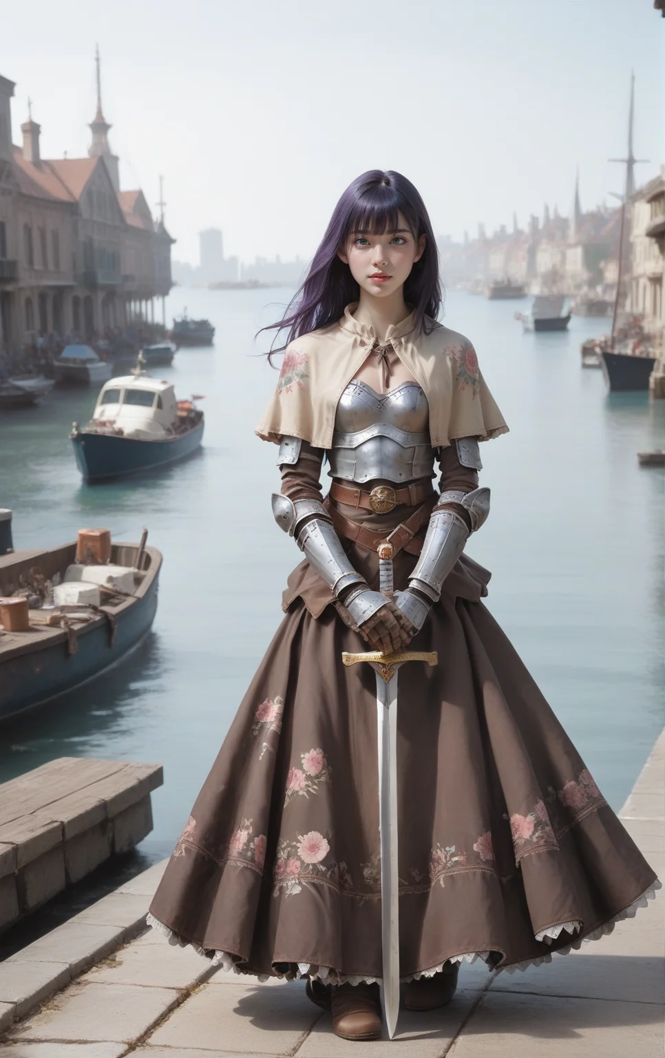 rating_safe,score_9, score_8_up, score_7_up, score_6_up, photo realistic,photo
,ultra-detailed dark blue hair ,bangs
,<lora:swordsRoPonyV3.0:0.75> swdro, armor, capelet, armored dress, belt, armored gloves, long brown skirt,floral print
,purple long hair,fullbody
holding weapon,sword,holding sword
<lora:Fant5yP0ny:0.55>
<lora:Leg Length Slider_alpha1.0_rank4_noxattn_last:1.6>
slim,slender,short torso,leggy
<lora:Body Type_alpha1.0_rank4_noxattn_last:0.5>
,port town,port city,port buildings, wharf and ships