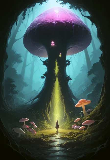 score_9, score_8_up, score_7_up, T
A small goblin sage with moss-covered skin and glowing mushroom spores growing from its back, standing in a dense forest filled with towering trees and oversized mushrooms emitting a soft, eerie glow, twilight atmosphere, whimsical yet eerie.,
in the style of 80s dark fantasy
