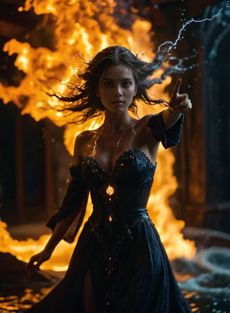cinematic film still Photography,masterpiece,detailed,A captivating image of an elemental magician in their entirety,a 27-year-old woman,(Huge hair full of lightning bolts:1.1),(surrounded by a whirlpool of water (lightning discharges):1.1),(vortex flows:1.2),as they combine these elements into a spell of cosmic equilibrium,(She is clad in flowing robes whose color varies according to the elements),(and she stands at the apex where the four elemental planes intersect),(Complex details),eerie,(burning eyes:1.3),nightmarish,insane,brilliant,volumetric lighting,distinctive pose,dynamic posture,RTX,lifelike,<lora:add-detail-xl:1>,dark,<lora:zavy-cntrst-sdxl:0.7>,angry,shallow depth of field,vignette,highly detailed,high budget,depth of field,cinemascope,moody,epic,gorgeous,film grain,grainy,<lora:detailed_notrigger:0.7>,