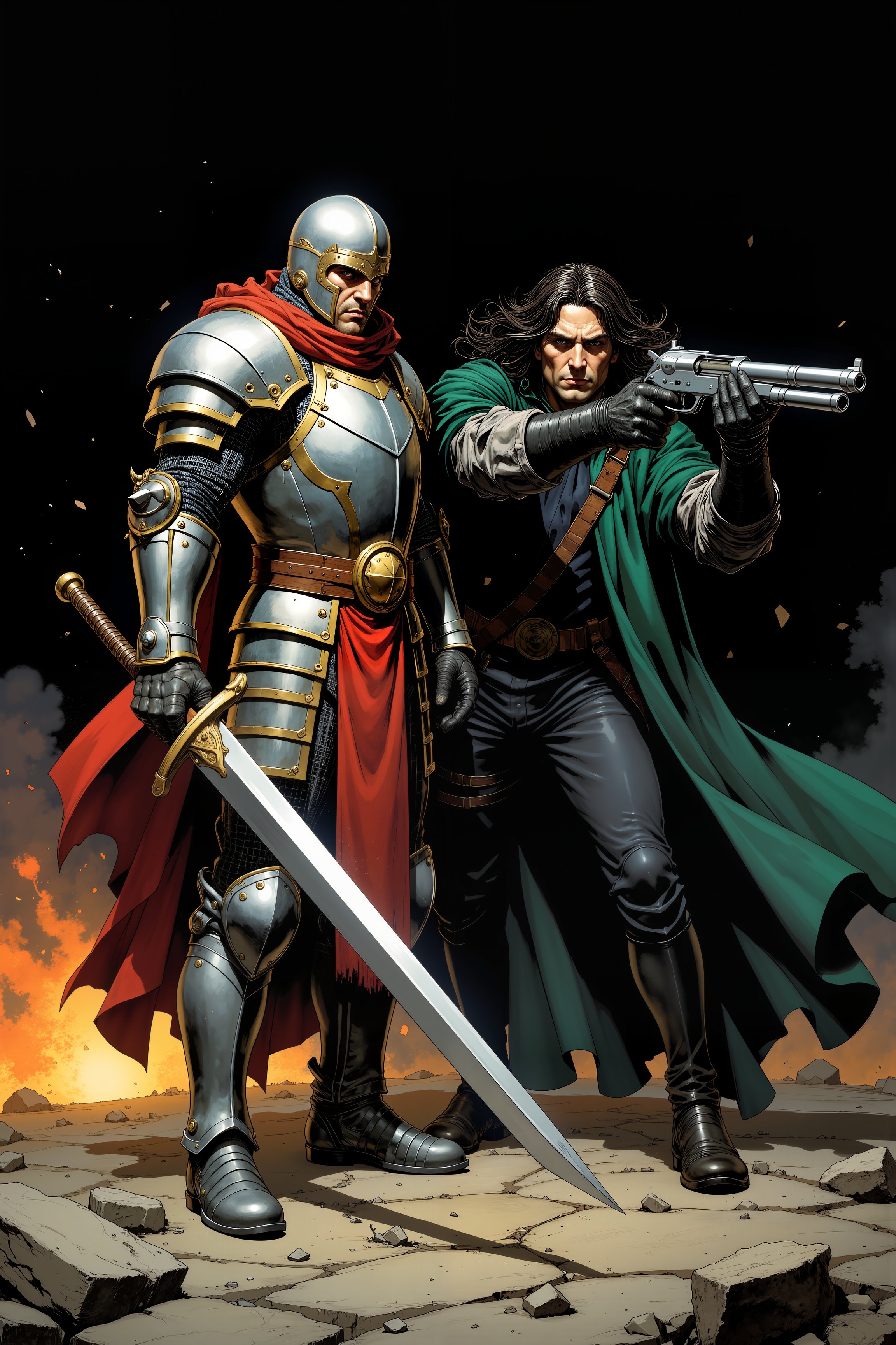 two male characters in a dramatic, action-packed scene. The character on the left is a warrior clad in medieval-style armor, primarily metallic silver with accents of gold and red. He wears a helmet with a visor, and his armor covers his chest, shoulders, and arms. His expression is determined, and he holds a large, curved sword with a golden hilt in his right hand, poised to strike. He stands on a stone ground, partially obscured by a cloud of dust and debris.The character on the right is dressed in a dark green, flowing cloak that billows behind him. He has long, dark hair and a determined, focused expression. He holds a futuristic pistol with two cylindrical barrels in each hand, aimed at the warrior. His clothing is dark and form-fitting, suggesting he is ready for combat. The background is dark, with subtle hints of a fiery explosion or smoke, adding to the intense, dynamic atmosphere of the scene. The overall composition and lighting emphasize the tension and readiness for battle between the two characters. <lora:Dorota_Pietrowiak:0.3> Portrait by Dorota Pietrowiak <lora:Comic book V2:0.8> High-contrast illustration