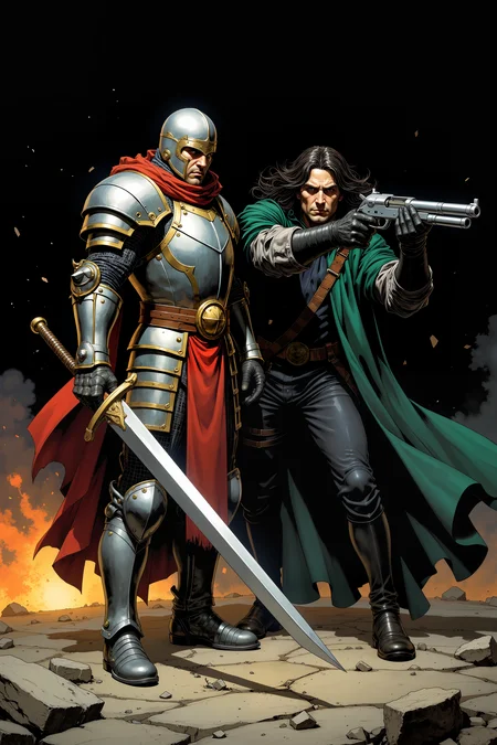 two male characters in a dramatic, action-packed scene. The character on the left is a warrior clad in medieval-style armor, primarily metallic silver with accents of gold and red. He wears a helmet with a visor, and his armor covers his chest, shoulders, and arms. His expression is determined, and he holds a large, curved sword with a golden hilt in his right hand, poised to strike. He stands on a stone ground, partially obscured by a cloud of dust and debris.The character on the right is dressed in a dark green, flowing cloak that billows behind him. He has long, dark hair and a determined, focused expression. He holds a futuristic pistol with two cylindrical barrels in each hand, aimed at the warrior. His clothing is dark and form-fitting, suggesting he is ready for combat. The background is dark, with subtle hints of a fiery explosion or smoke, adding to the intense, dynamic atmosphere of the scene. The overall composition and lighting emphasize the tension and readiness for battle between the two characters. <lora:Dorota_Pietrowiak:0.3> Portrait by Dorota Pietrowiak <lora:Comic book V2:0.8> High-contrast illustration
