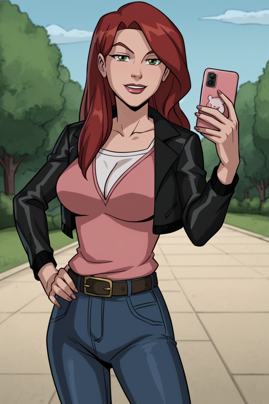 PonyXLV6_Scores BREAK ((parody, style parody),  perfect anatomy, perfect eyes, cowboy shot), <lora:add_details_xl:0.8> BREAK <lora:Spider-Woman_-_Ultimate_Spider-Man:0.8> mary jane watson, long hair, red hair, green eyes, lipstick, flirting, raised eyebrow, naughty face, ((looking at viewer)), black jacket, shirt, belt, jeans, large breasts, curvy, toned, athletic, sexually suggestive pose, arched back, hand on hip, holding cellphone, outdoors
