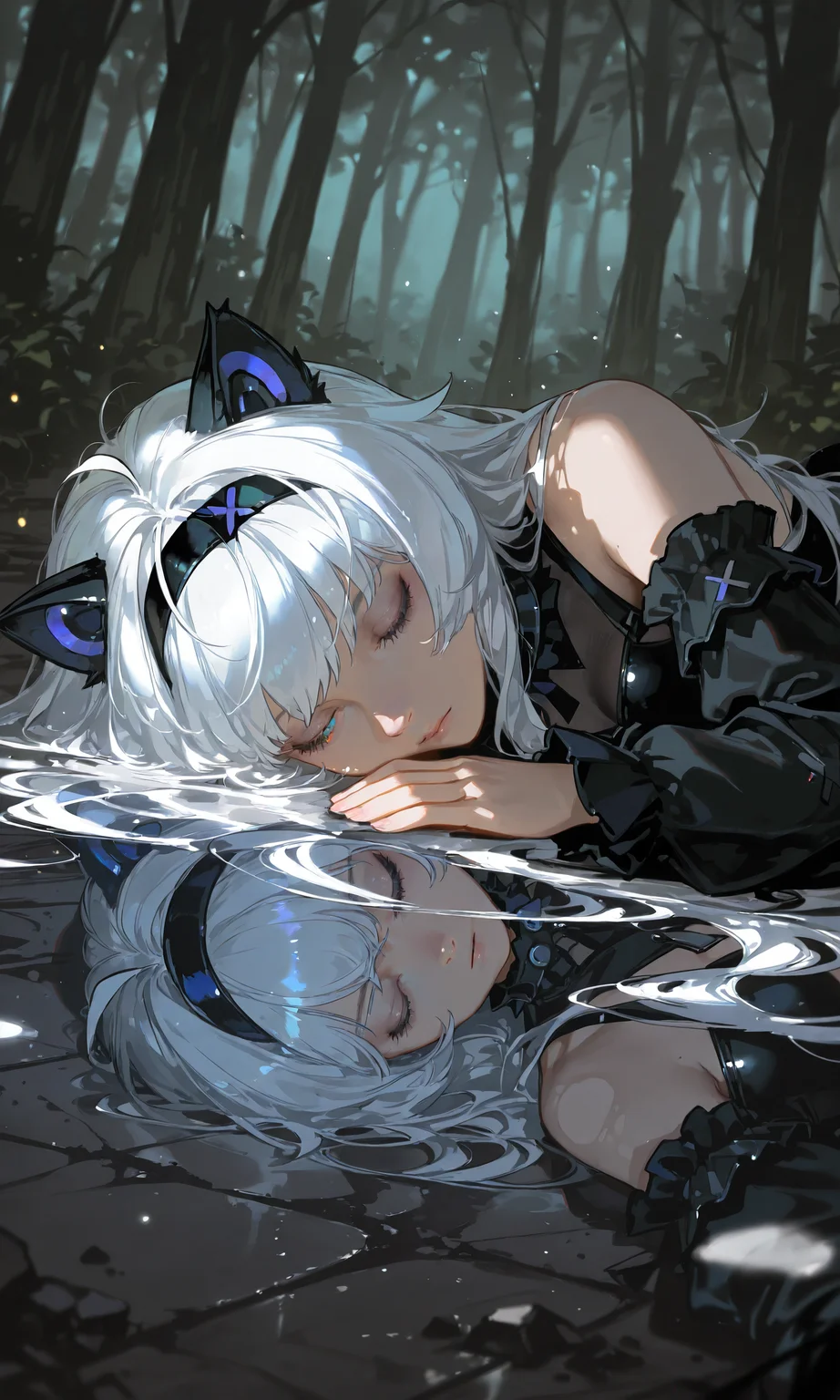 realistic, masterpiece, very aesthetic, absurdes, Sinozick_illu, gradient, spot color, 1girl, No.21_Feral Scent, long hair, black hairband, closed eyes, detached sleeves, ahoge, black dress, black leotard, animal ears, heterochromia, white hair, sleeping, lying on glass ground, dramatic lightings, particle lights, ruins, forest