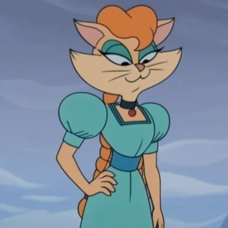 1girl, female, female furry, animal ears, half-closed eyes, animal nose, orange hair, hand on own hip, dress, makeup, black choker, looking down, long hair, standing, eyeshadow, cloud, blue eyeshadow, sky, puffy sleeves, body fur, furry, solo, black eyes, cat ears, closed mouth, puffy short sleeves, Princess_Tabitha_Wildcat, short sleeves, blue dress, cat girl, choker, outdoors, braids
