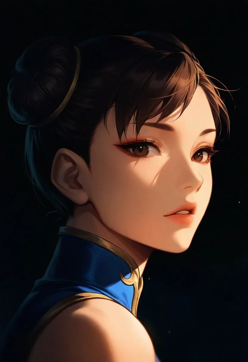 1girl, Chun Li, solo, dark, light, masterpiece, best quality, very aesthetic, close up, dark brown hair, hair bun, parted lips