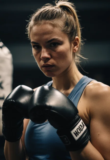 photograph close up portrait of Female boxer training, serious, stoic cinematic 4k epic detailed 4k epic detailed photograph shot on kodak detailed bokeh cinematic hbo dark moody