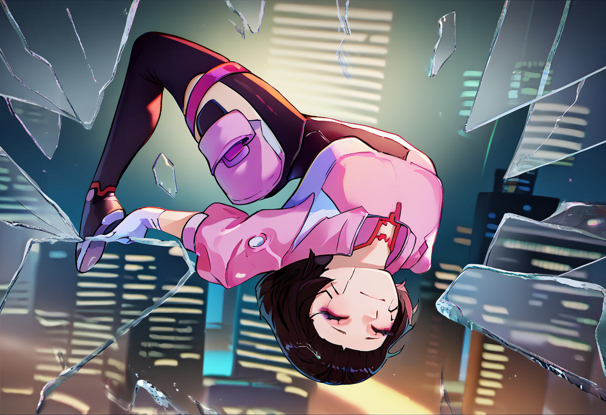 score_9, score_8_up, score_7_up, IncrsXLBrknGls, broken glass, upper body, solo, 1girl, sasha yakovlev, makeup, smile, upside-down, backflip, jumping out of a window, glass shards, bob cut, closed eyes, shrug \(clothing\), pink jacket, black bodysuit, hip vent, white gloves, thigh holster, thigh strap, night, cyberpunk, science fiction, cityscape <lora:cpedgerunners_sasha_ponyXL:0.9> <lora:Backflip_XLPD:1> <lora:BreakingGlassXLPDCAME:0.8>