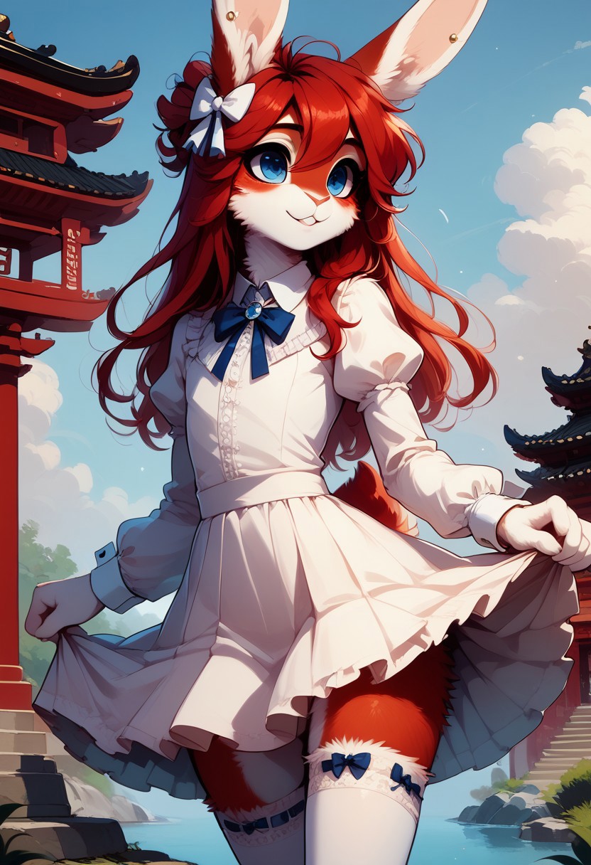 score_9, score_8_up, score_7_up, 
Huggles, 1boy, solo, furry male, rabbit boy, rabbit ears, rabbit tail, red hair, long hair, blue eyes, jyojifuku, dress, frills, ribbon, hair bow, thighhighs, MegaFluffyPony, furry, fluffy, skirt lift,
highly detailed, intricate, zzCitronCAT, outdoors, temple, pagoda