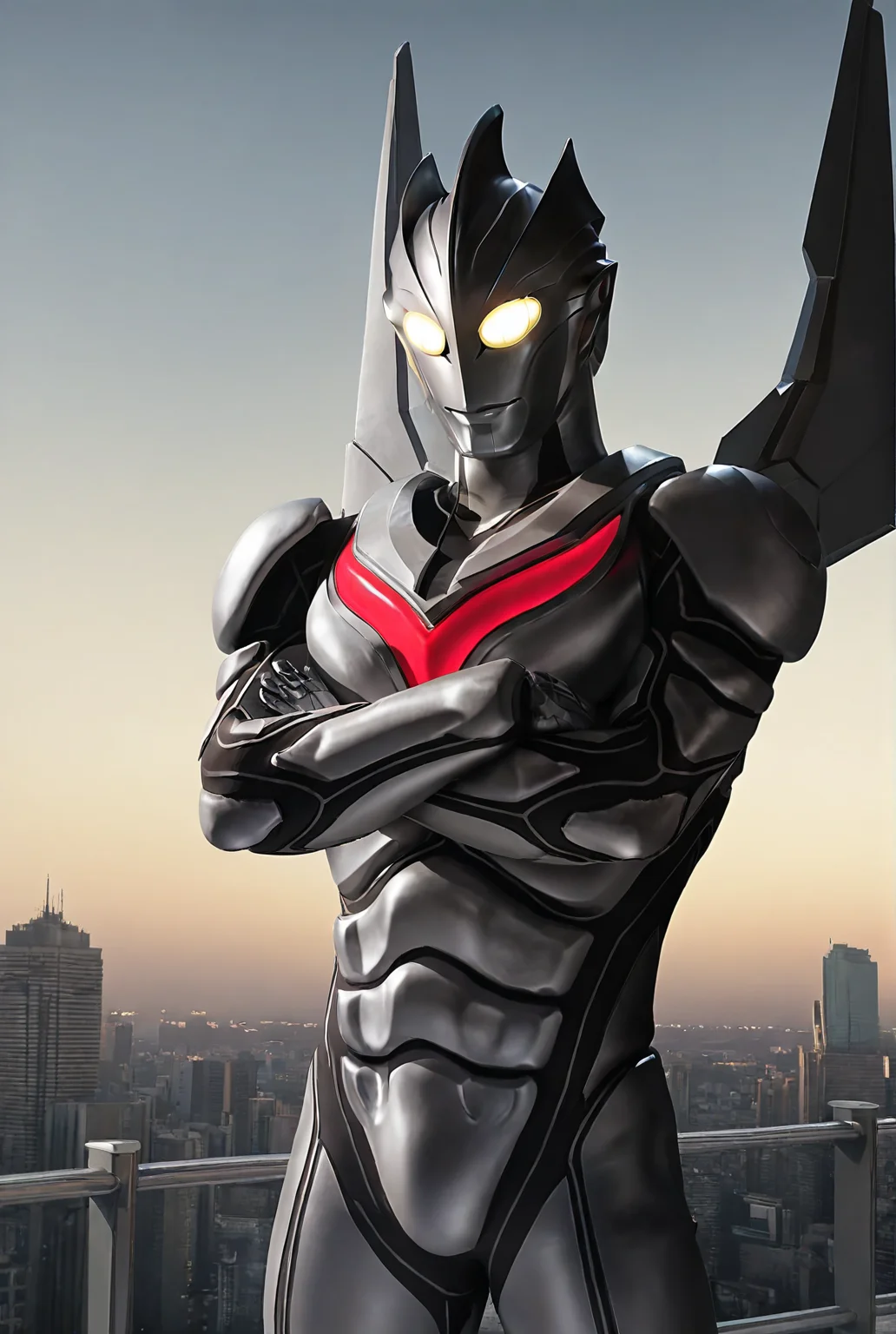 very awe,aesthetically pleasing,masterpiece,best quality,amazing quality,very aesthetic,ultra-detailed,high resolution,8k,1boy,solo,cowboy shot,bara,male focus,detailed face,bodysuit,alien,tokusatsu,yellow eyes,science fiction,no humans,glowing eyes,armor,standing,crossed arms, sky, giant,cityscape,<lora:Ultraman Noa:0.8>,nuoya,