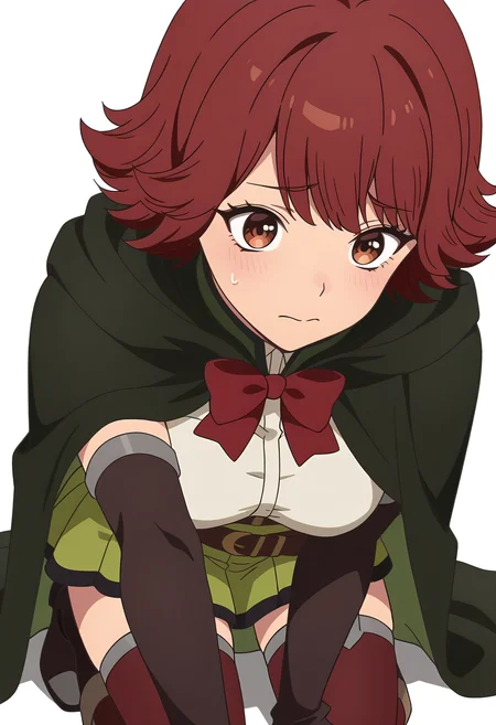 Smooth Quality,masterpiece,very intricate, high quality details, ultra realistic, high detailed skin,detailed enviorement,
simple background, white background, solo,
,worried,kneeling, one hand on ground, reaching forward, focused, tense, ,
<lora:Byleri_Cinabrio:0.8> byleri/cnn, 1girl,short hair, brown hair, brown eyes, red hair, white shirt, green skirt, thighhighs, cloak, cape, belt, elbow gloves, garter straps,boots,red bowtie,