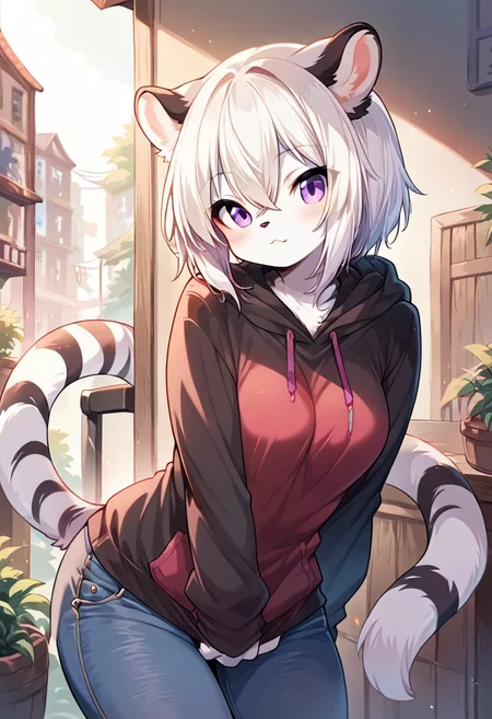 score_9, score_8_up, score_7_up, l3i_ph3, white hair, purple eyes, hoodie, jeans, source_furry, ntm,